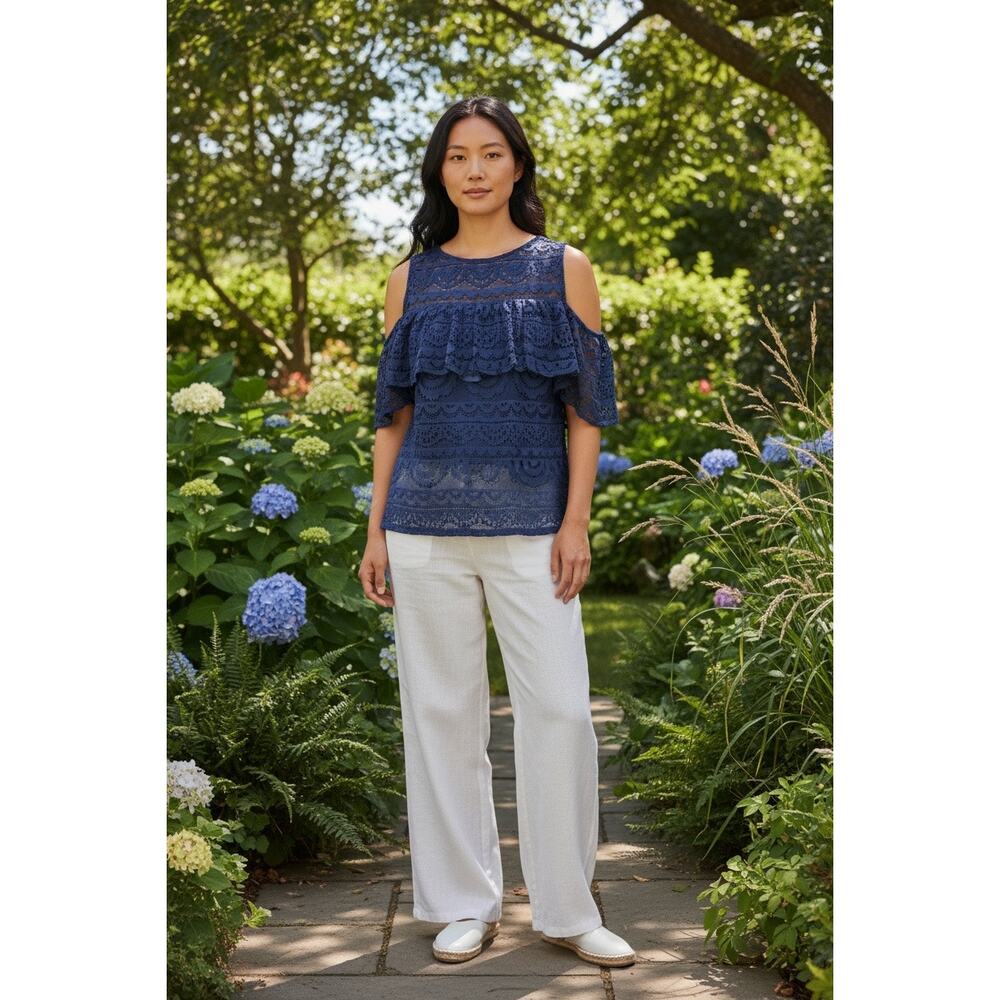 Lilly Pulitzer Lace Top Navy Blue Ruffle Sleeveless XXS Preppy Boho